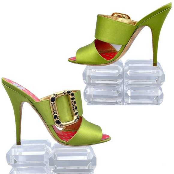 CHRISTIAN LACROIX ⚜️RARE NWT Green Satin Mule Stilettos Jeweled Gold Buckle 36.5 - Picture 13 of 15
